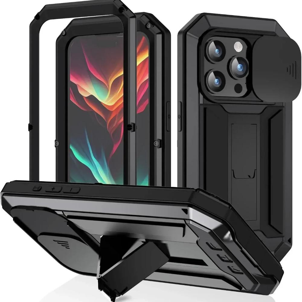 

Heavy Duty Armor Rugged Metal Case for IPhone 17e 16e 16 15 Plus 14 13 Pro Max Military Shockproof Cover Screen Camera Protect For iPhone 15&Case & Camera Protector чёрный