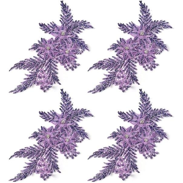 4er-Pack 3D-Blumen-Pailletten-Applikation mit Strass-Glitzer-Perlen-Stickerei, Stoff-Spitzenbesatz für Hochzeit, Brautkleid, Kleid, Tasche, Kissen