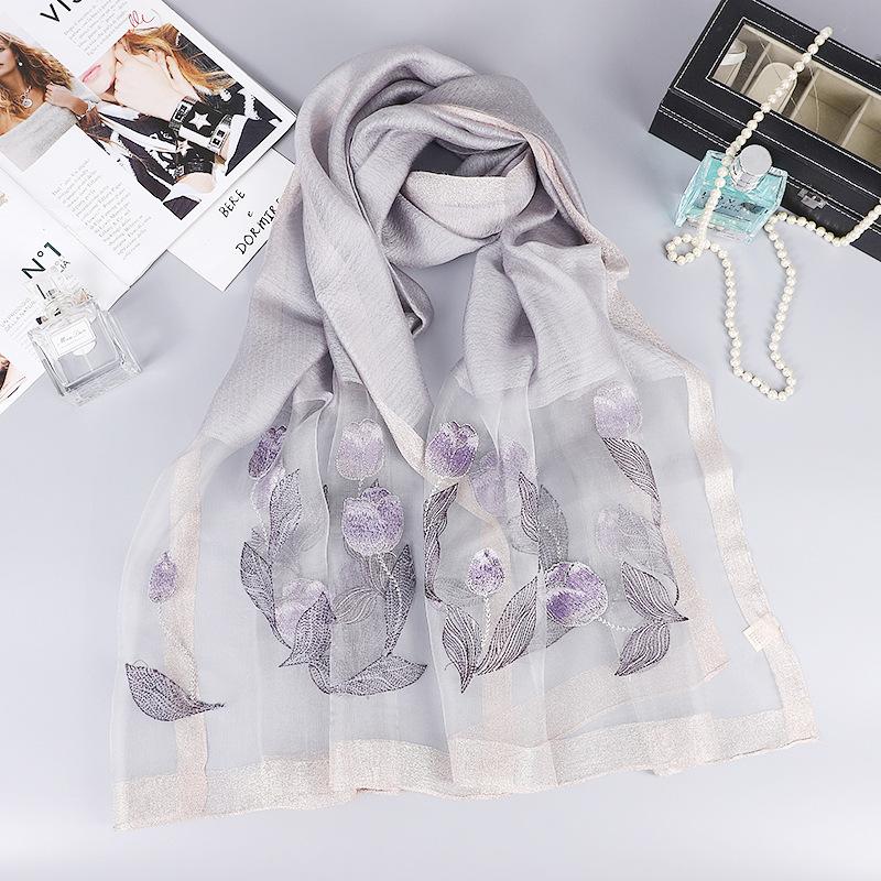 

Women s silk scarf made of silk and wool, versatile for autumn and winter, thin embroidered mulberry silk scarf, stylish and fashionable, long and сірий колір