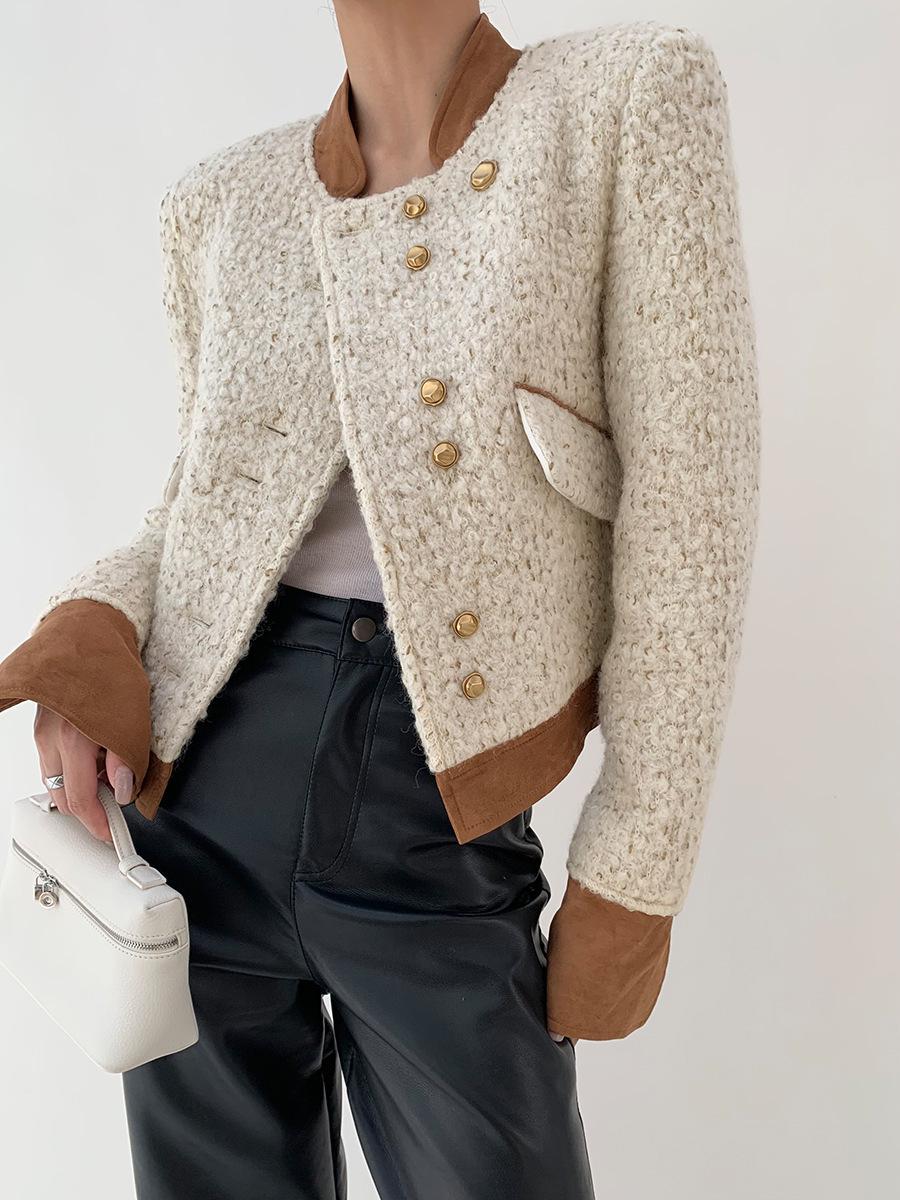 

Хуншань 2025 осень сяосян стиль шерстяное короткое пальто с вшитыми рукавами для женщин M грязно-белый