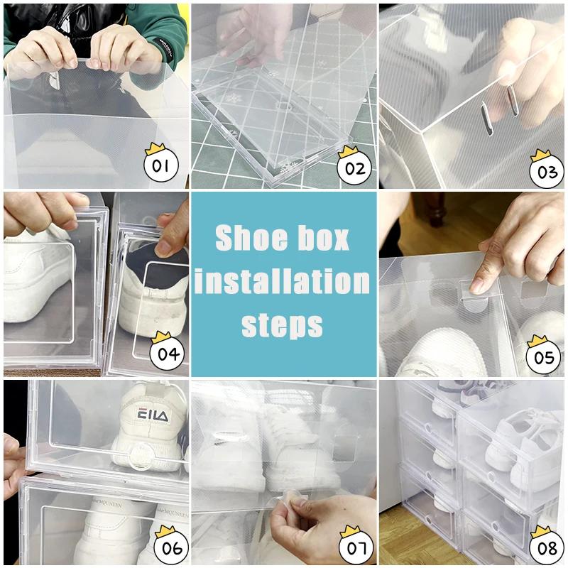 Lot de 6 boîtes à chaussures en plastique pliables, épaisses et transparentes, boîte à tiroirs, boîte empilable, organisateur de chaussures