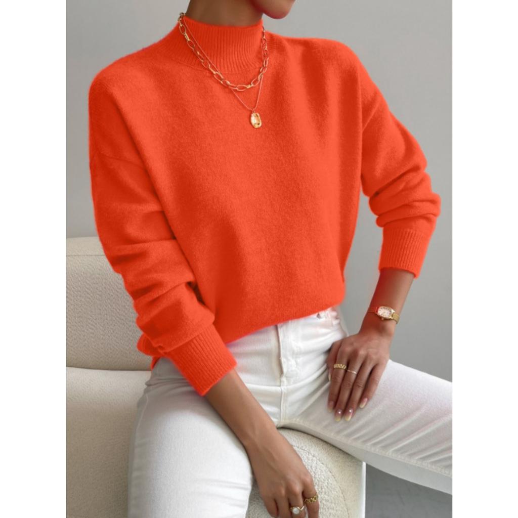 Solid Color Loose Knit Top Semi High Neck Pullover Long Sleeved Sweater Women Autumn and Winter