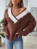 Color Block Patchwork Pearl Beaded V-Neck Loose Knit Sweater for Women
