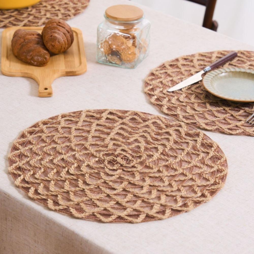 4 Pieces Woven Tableware Mat Non-Slip Dish Mat Household Natural Jute Place Mat  Restaurant