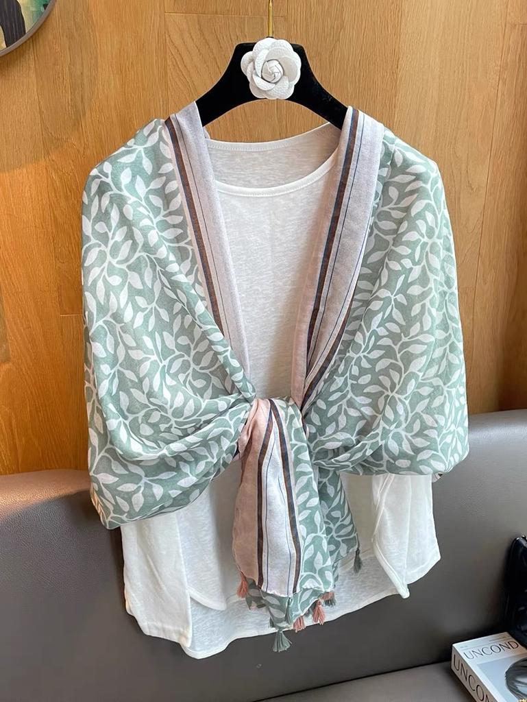 Women'S Floral Print Scarf 180X90Cm Warm Fashion Shawl With Tassels Lightweight Rectangular Sand-Proof Beach Wrap Muslim Hijab