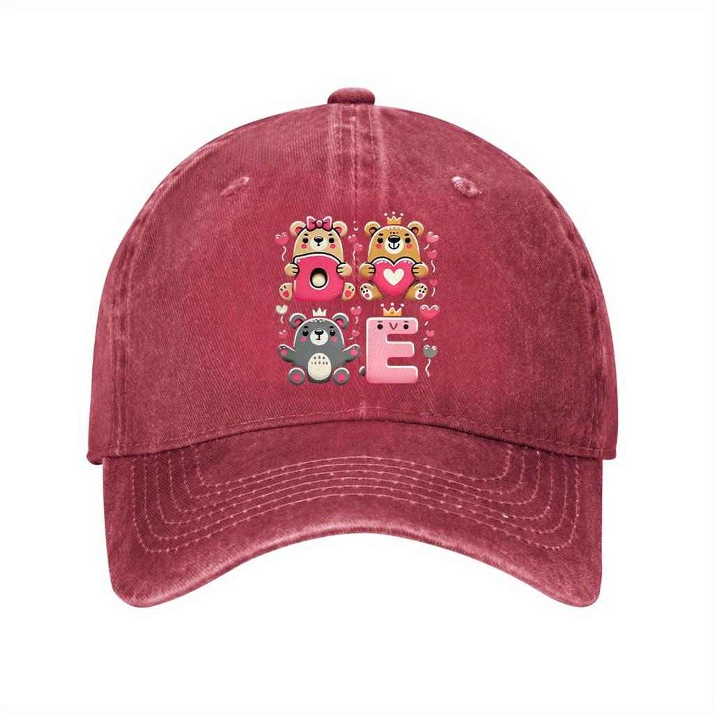 Cute Love Bears Print Baseball Cap Unisex Adjustable Cotton Dad Hat Casual Outdoor Running Cap