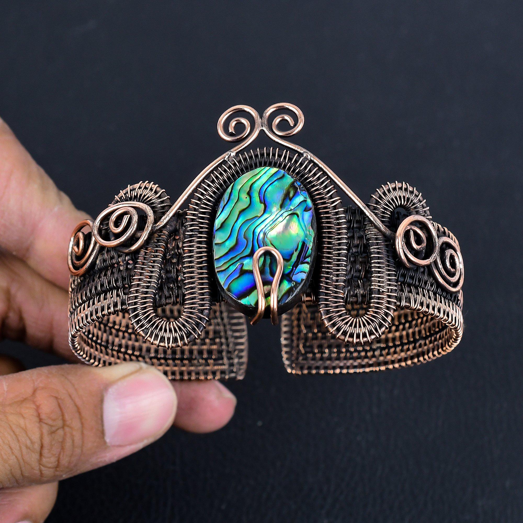 

Браслет из раковины абалона, обернутый медной проволокой 999 пробы, ювелирное изделие ручной работы с драгоценным камнем, для свадебного подарка