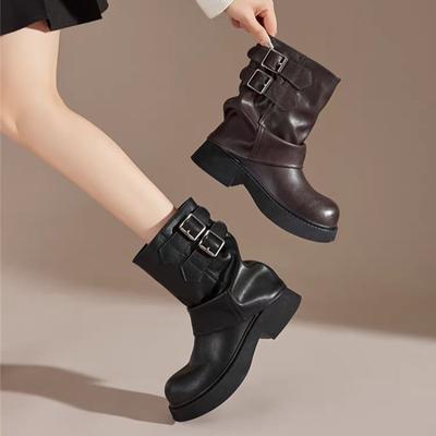 Fashion Mid Heels Fad Platform Women Ankle Boots Winter Designer Buckle Shoes 2025 New Trends Woman Pumps Elegant Chelsea Short Boots