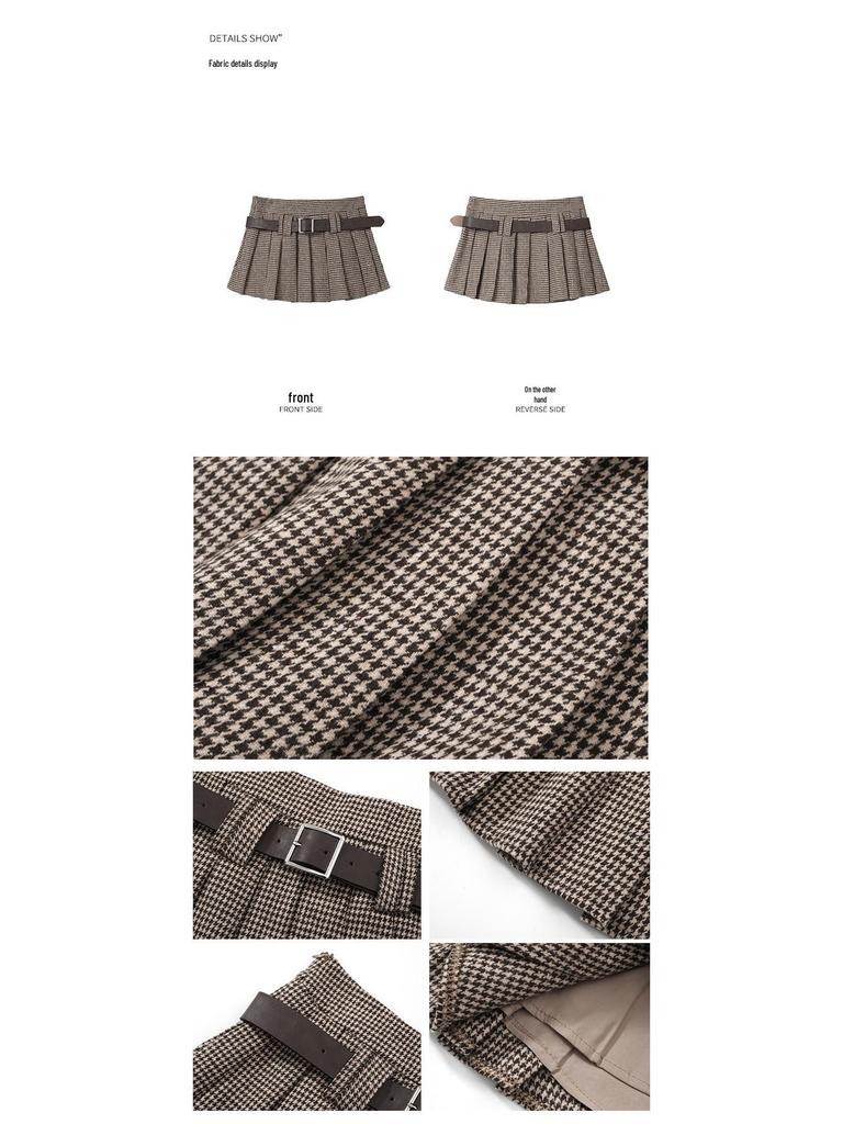 Women's Retro Houndstooth Pleated Midi & High Waist Mini Skirt - Autumn Collection XS