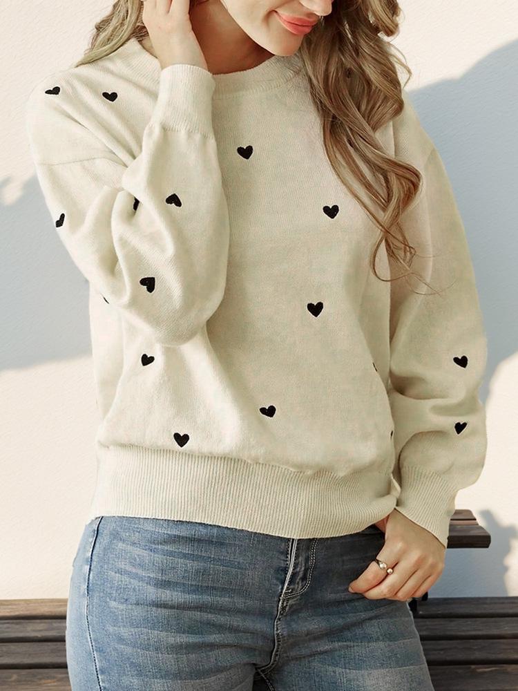 Autumn European & American Versatile Knit Heart Sweater - Women's Cute Round Neck Style
