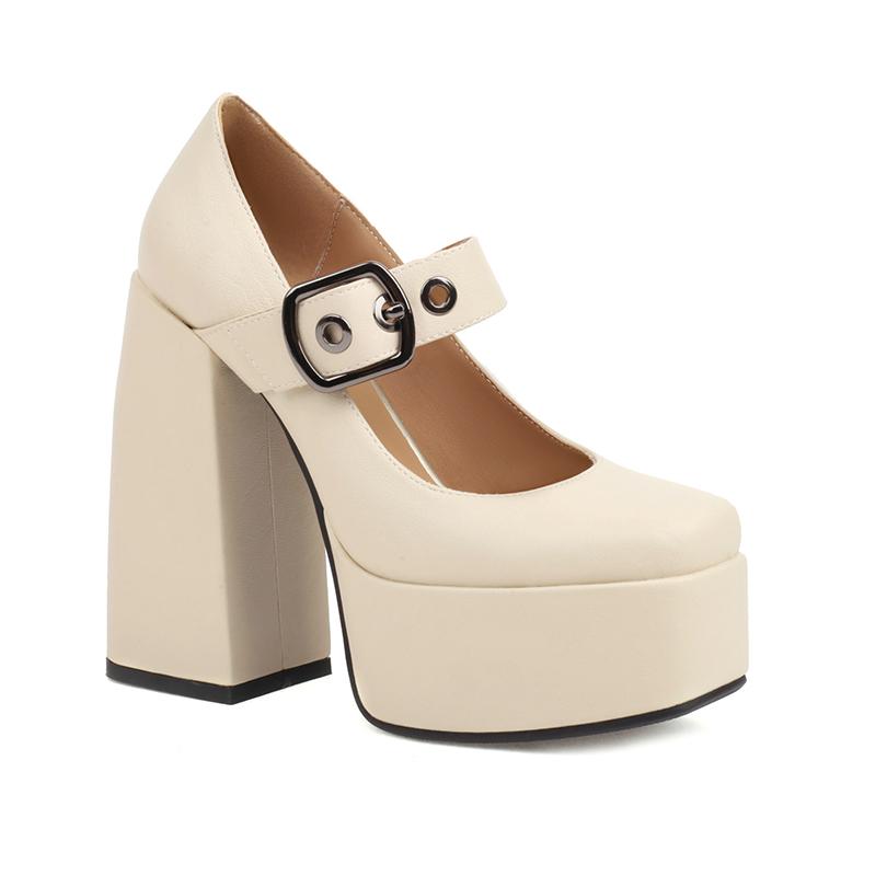 

Металлическая пряжка ремня Квадратный носок Супервысокий толстый каблук Глубокий вырез Женские туфли на высоком каблуке Платформа Дышащие Вечеринка Тренд Туфли-лодочки 2025 35 бежевый