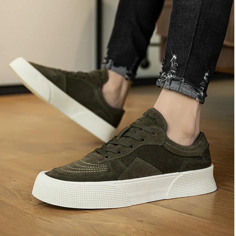 Mens Casual Shoes, Genuine Leather Mens Shoes, Lace-up Thick-soled Mens Sports Shoes, Breathable Lightweight Skate Shoes for Men