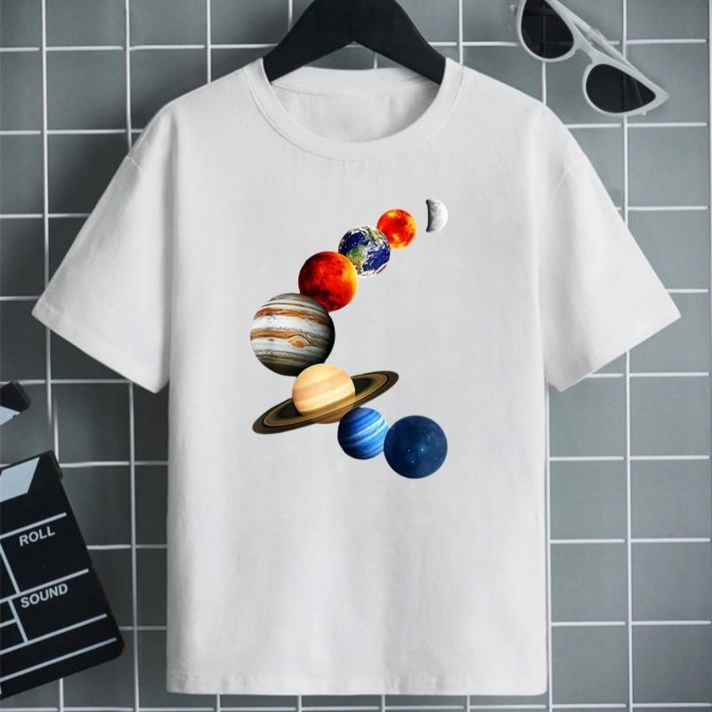 Kids Summer Crew Neck Short Sleeve T-Shirt with Solar System Planet Print 110 белый
