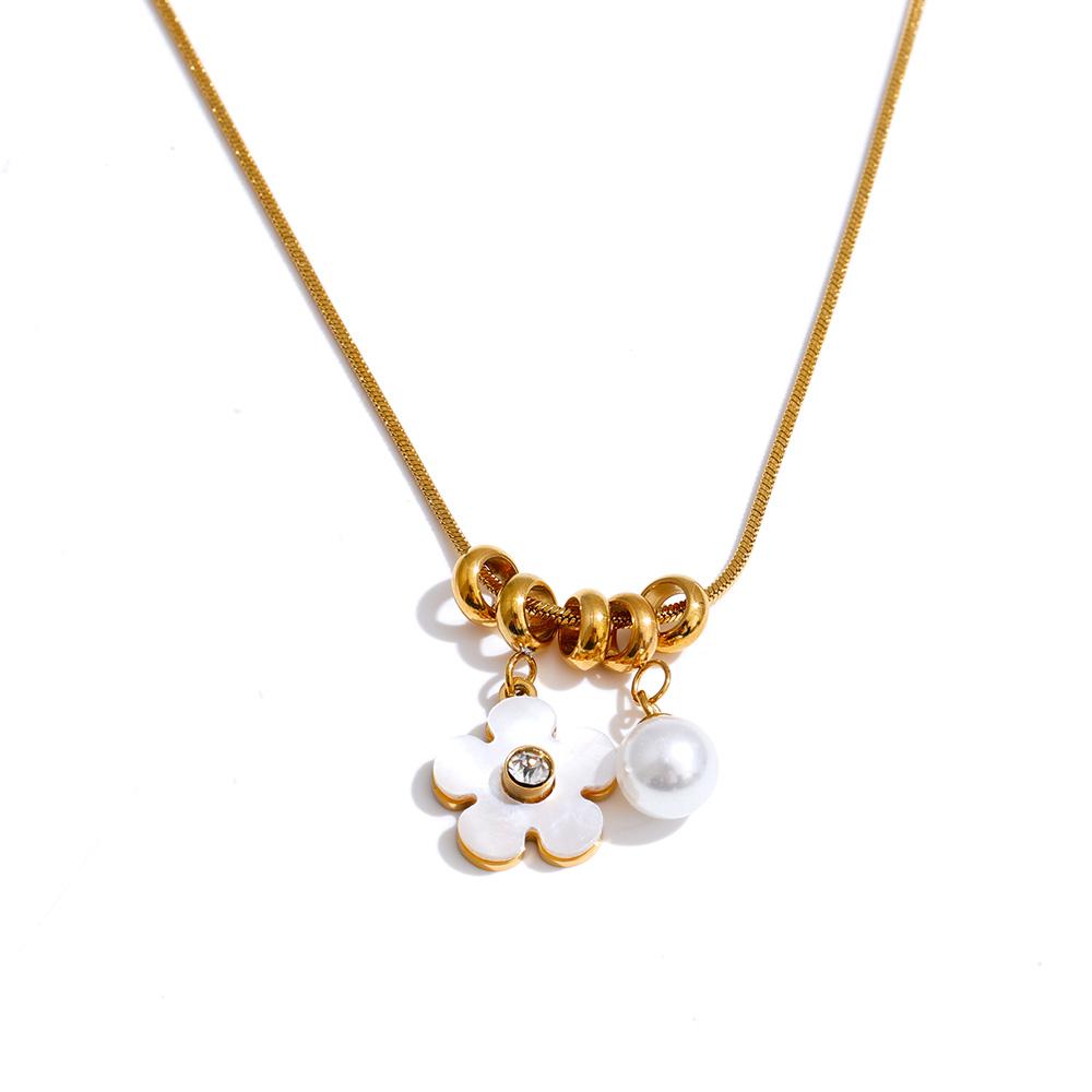 Yhpup Korean Style Stainless Steel Imitation Pearl Shell Flower Pendant Necklace for Women Exquisite Trendy Collar Jewelry