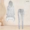 Women Plus Size Hooded Long Sleeve Printed High Low Top And Fitted Pants Two Piece Set