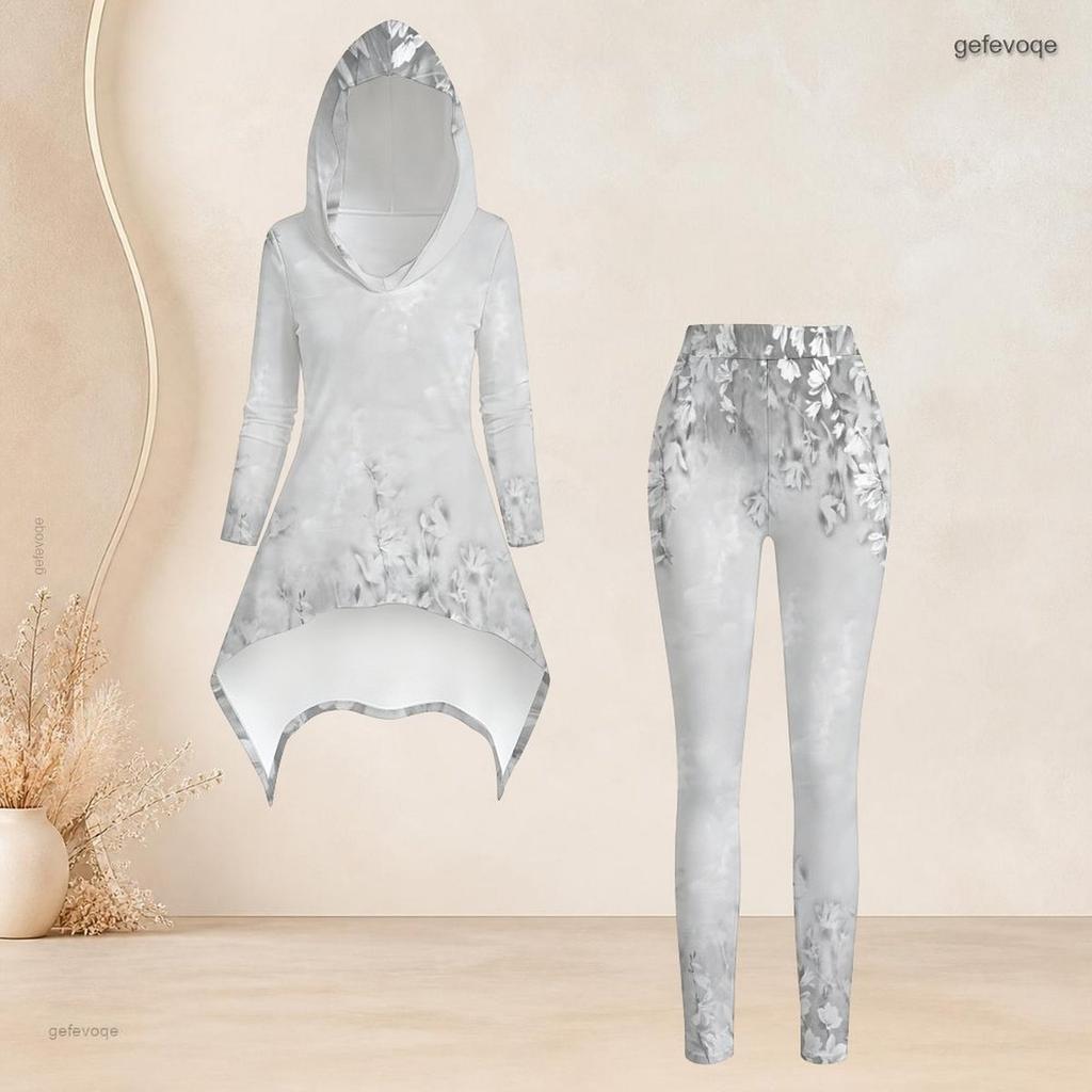 Women Plus Size Hooded Long Sleeve Printed High Low Top And Fitted Pants Two Piece Set