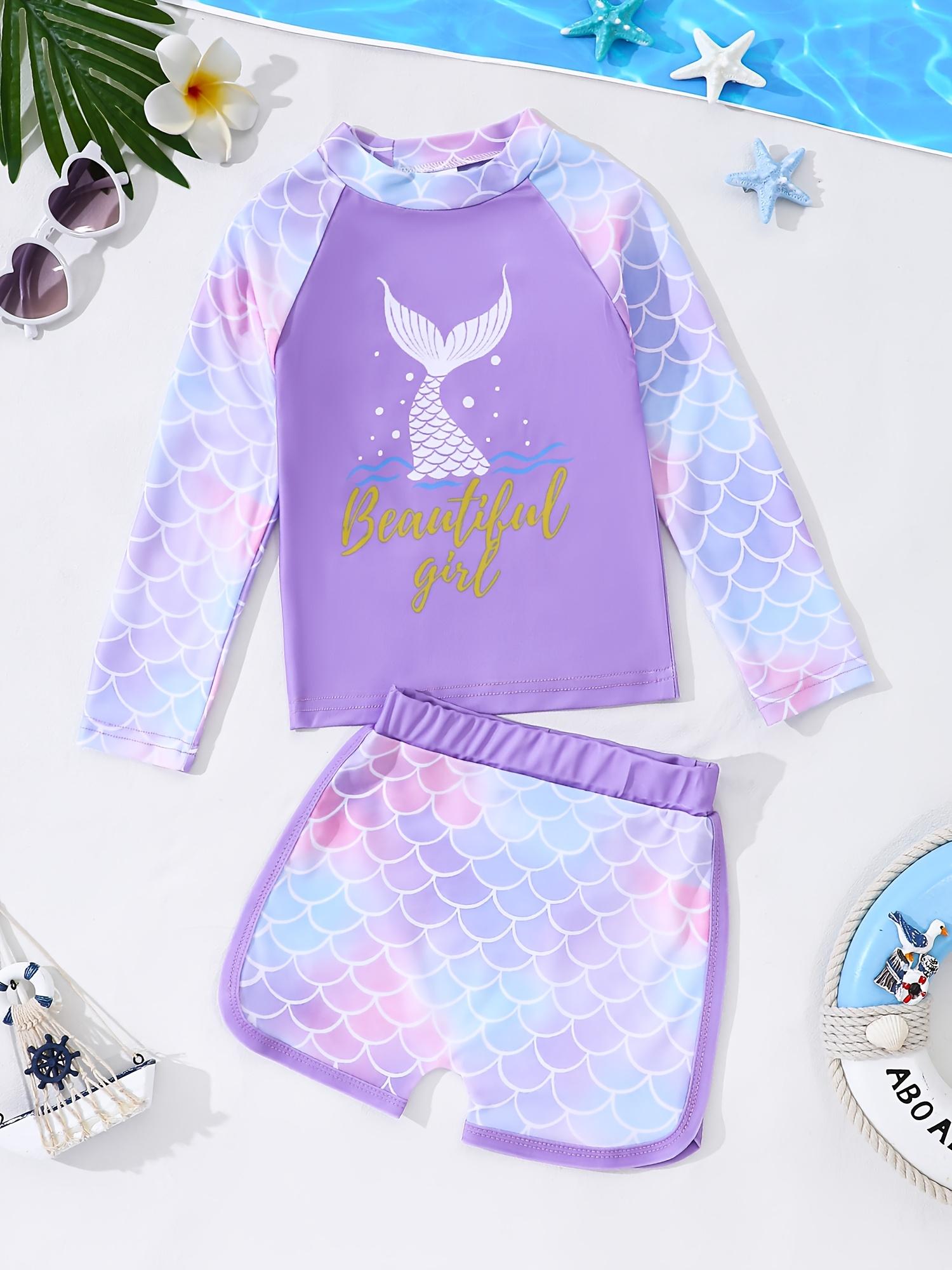 

Girls Swimwear Set 2 Piece Long Sleeve Raglan Palm Tree Tie Dye Mermaid Print Shorts Swimsuit Outfit 7-8Y фіолетовий