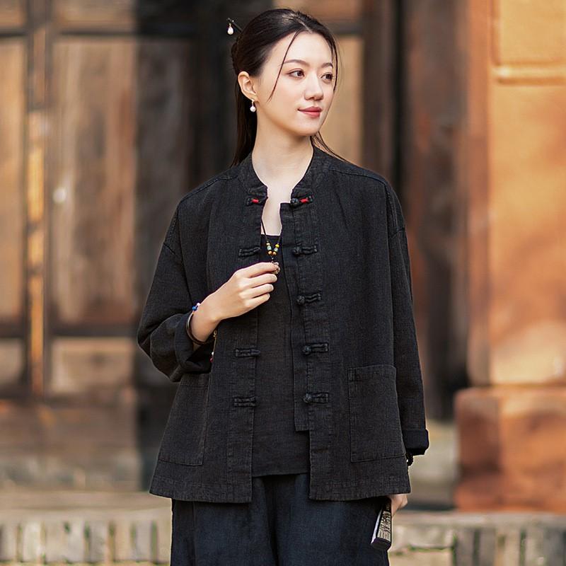 Johnature Women Vintage Shirts Tops Spring Chinese Style Solid Color Stand Long Sleeve Pockets Blouses