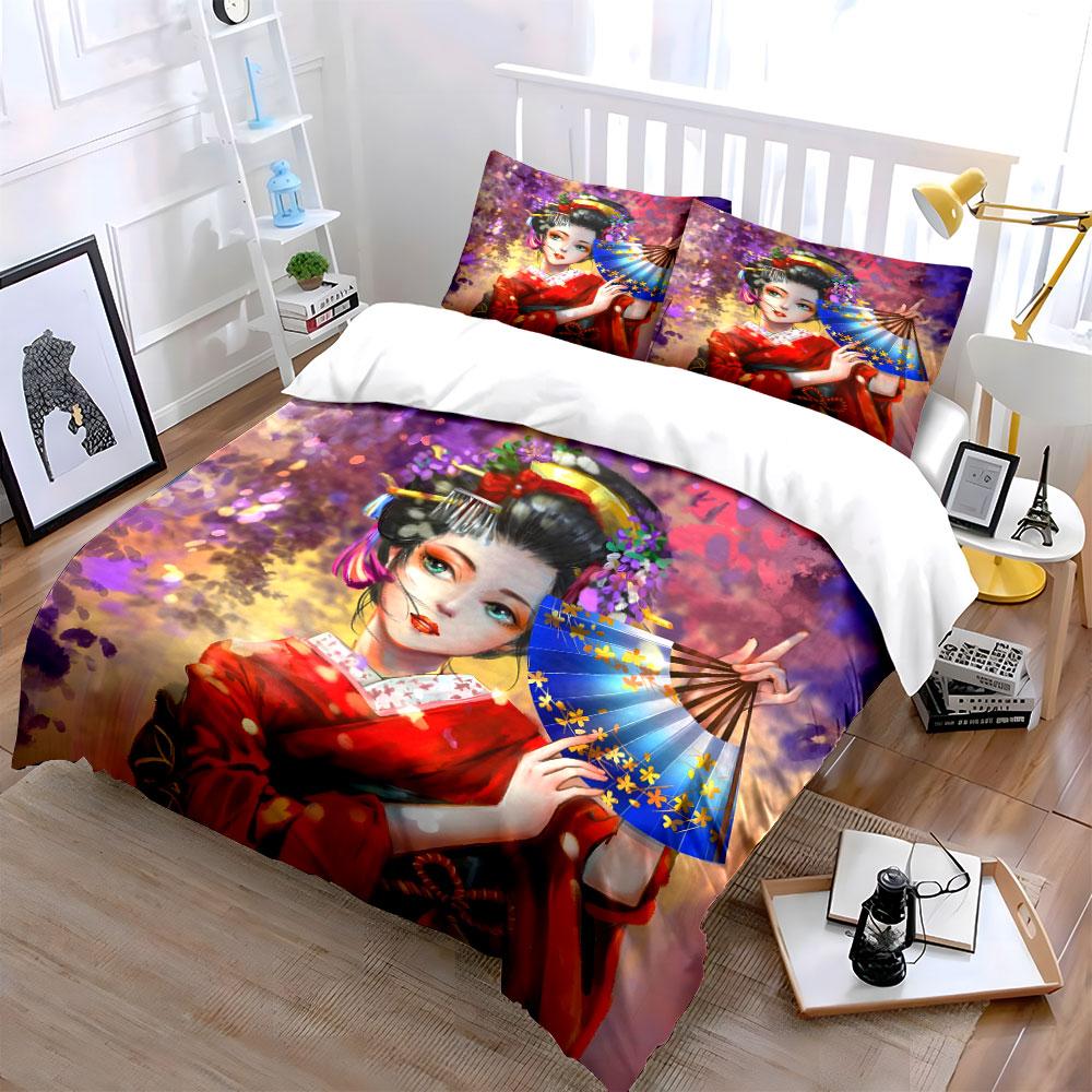 3Pcs Watercolor Kimono Girl Bedding Set, Elegant Geisha with Cherry Blossoms Print Duvet Cover, Oriental Style