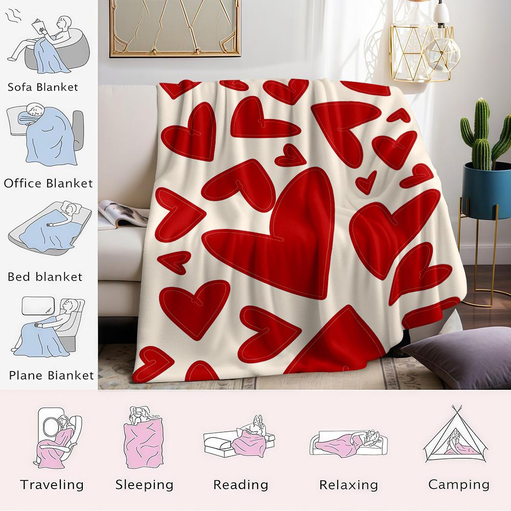Romantische Crème Rood Hart Flanellen Deken Warm Zacht Halloween Kerst Bank Warm Gezellig Decoratief Decor Cadeau Voor Elk Seizoen