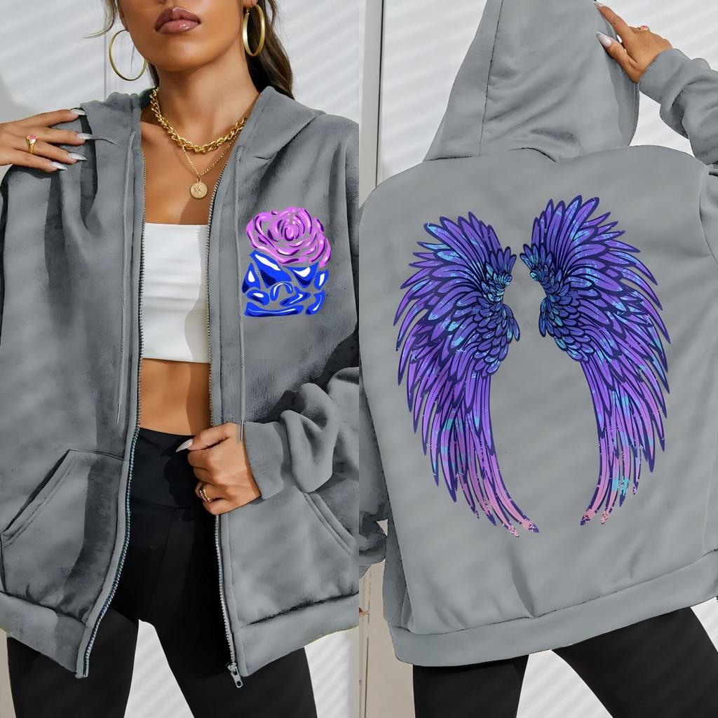 Cool Fialová Kreativní Křídla Potisk Růží Dámská Mikina se Zipem Módní Volný Sportovní Oděv Ležérní Fleecová Mikina Podzimní Tepláková Souprava