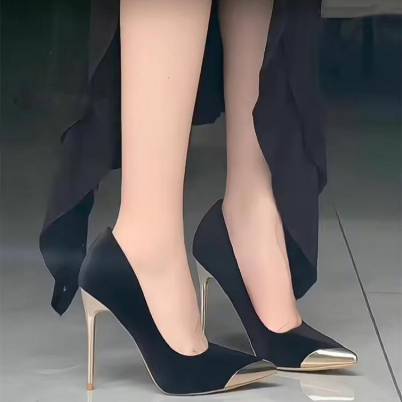 Fashion Spring New Thin Heel Shoes Women's Fashion Metal Pointed Shallow Mouth Suede Slip-on Anti-slip Wear-resistant High Heels