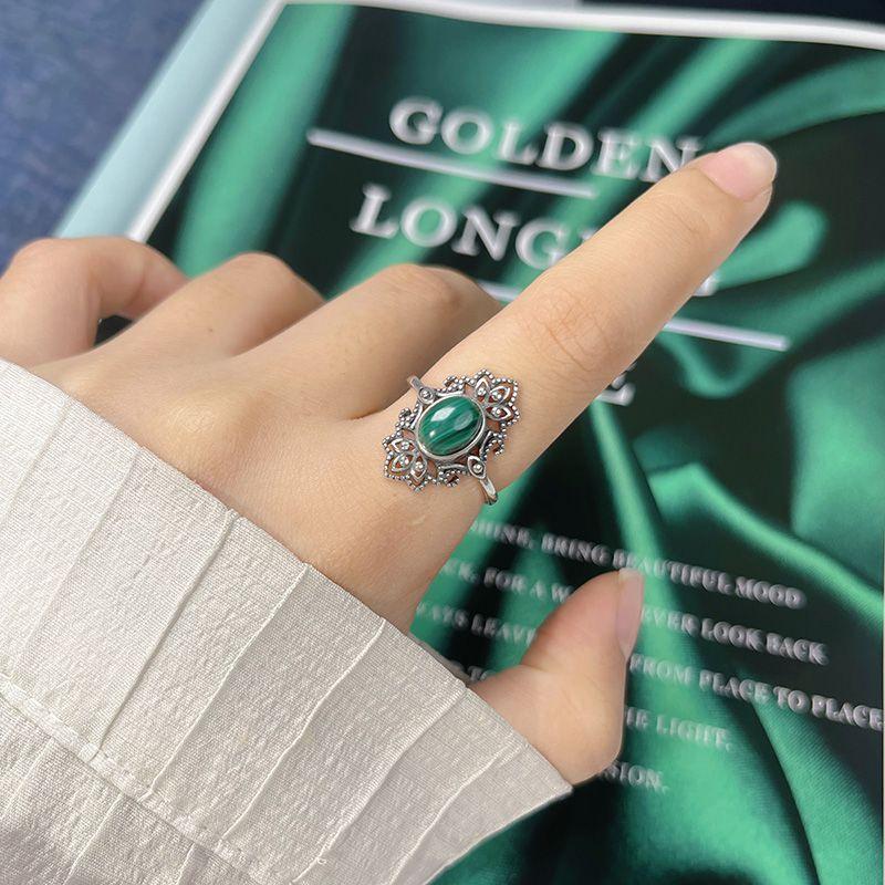 Personalized Retro Thai Silver Natural Colored Treasure Ring Female S925 Sterling Silver Court Pattern Advanced Sense Index Finger Ring