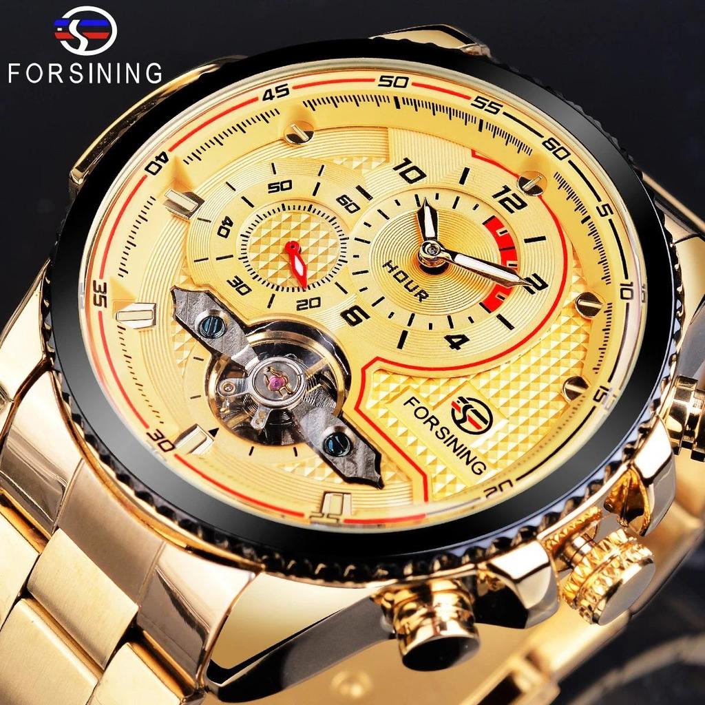 Forsining Mens Automatic Watches Stainess Steel Waterproof Wrist Watches Tourbillon Self Winding Mechanical Diamond Dial Wrist Watch