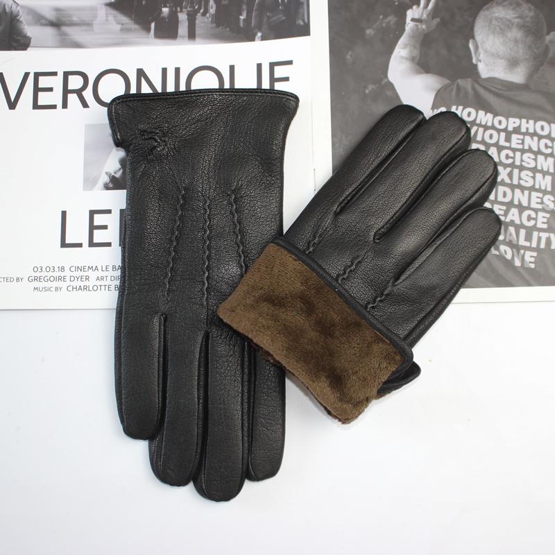 New men's deerskin driving gloves leather corrugated winter thickening warm imitation rabbit fur lining straight gloves autumn