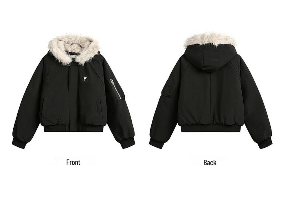 Unisex Short Winter Cotton Jacket with Thick Fur Collar Hood