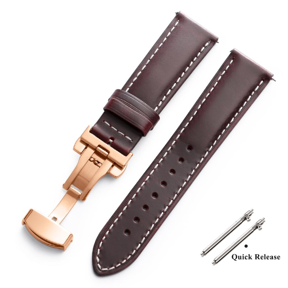 Vintage Oljebetsat Läder Klockarmband 18mm 20mm 22mm Universellt Huvud Lager Ko Läder Klockarmbands Tillbehör Fjärilsspänne Armband