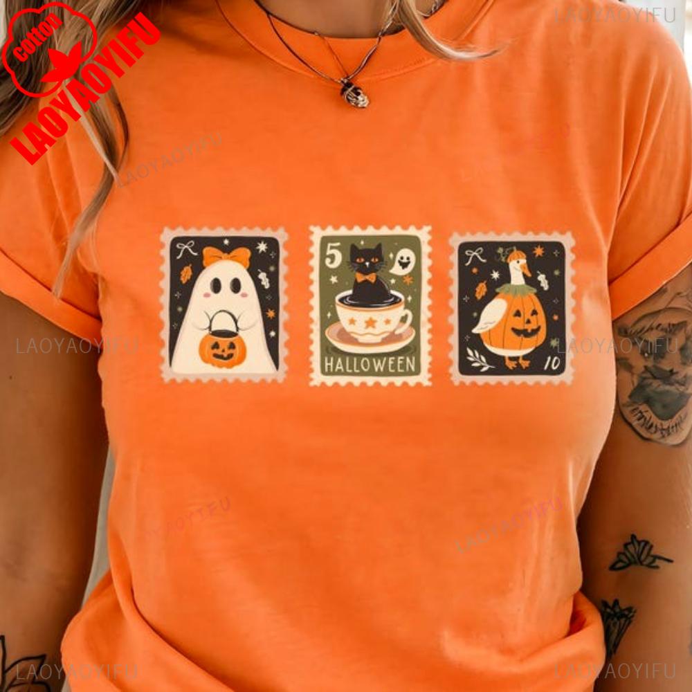 Halloween Retro Ghost Shirt Cute Fall Shirt Womens Halloween Tee Pumpkin Season Tee Tops Creative Stamp Design Printed Tshirt S