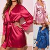 Pijama feminino sexy de cetim, roupão de manga comprida com cinto, lingerie, roupa de dormir