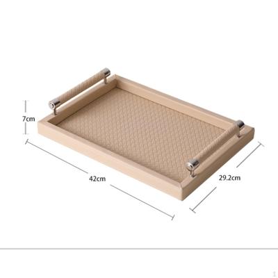Rectangular Decorative Tray with Handles Raised Sides Woven Serving PU Leather Light Milk