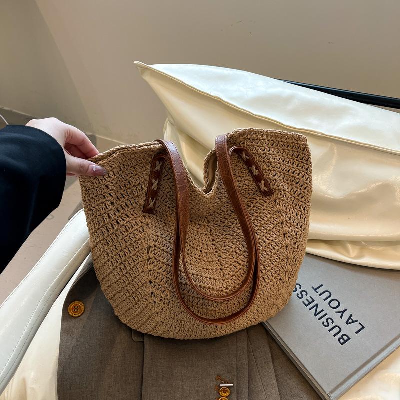 Summer New Beach Woven Bag Casual Woven Vacation Wind Beach Bag Shoulder Tote Bag