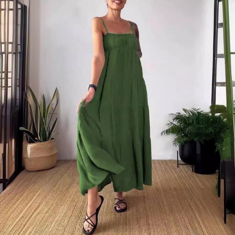 

Весна-лето, однотонное повседневное платье с плиссировкой и подтяжками на груди для женщин 5XL зелёный