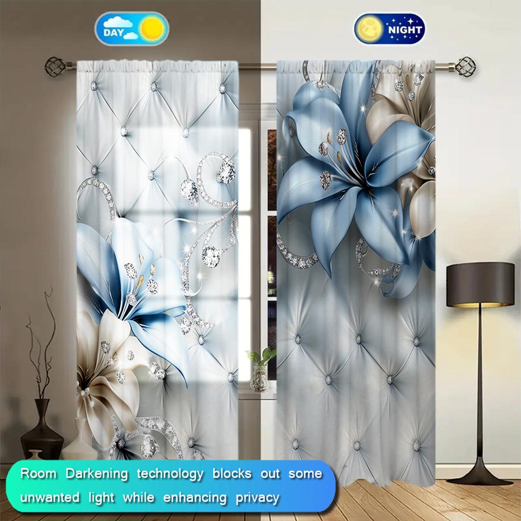 2 Stück 3D-Vorhang mit wunderschönem Schmuckblumen-Druck für die Inneneinrichtung – Fensterbehandlung mit Stangentasche für Schlafzimmer, Büro, Küche