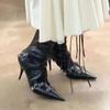 Fashion Hot Sales High Thin Heeled Ankle Boots for Women Metal Decor Rivet Fringed Zip Ppinted Toed Motorcycle Lady Booties Women Shoes