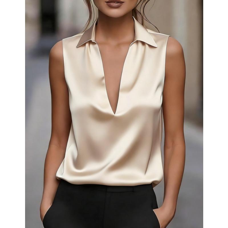 Women Solid Satin V Neck Collar Sleeveless Casual Blouse Top S шампанского