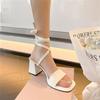 Square Heels Heeled Women's Shoes White Sandals for Woman Summer 2025 Black One Word Footwear Pumps High with Strap Asian Size H