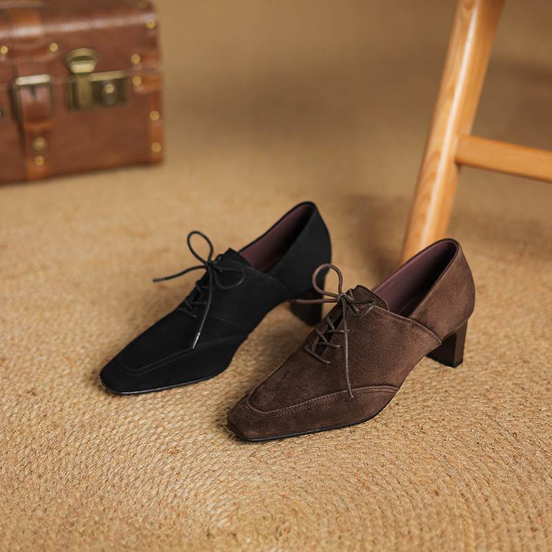 Krazing Pot Sheep Suede Autumn Winter Shoes Stiletto Med Heels Lace Up Size 43 Size 42 Pointed Toe Deep Mouth Pumps
