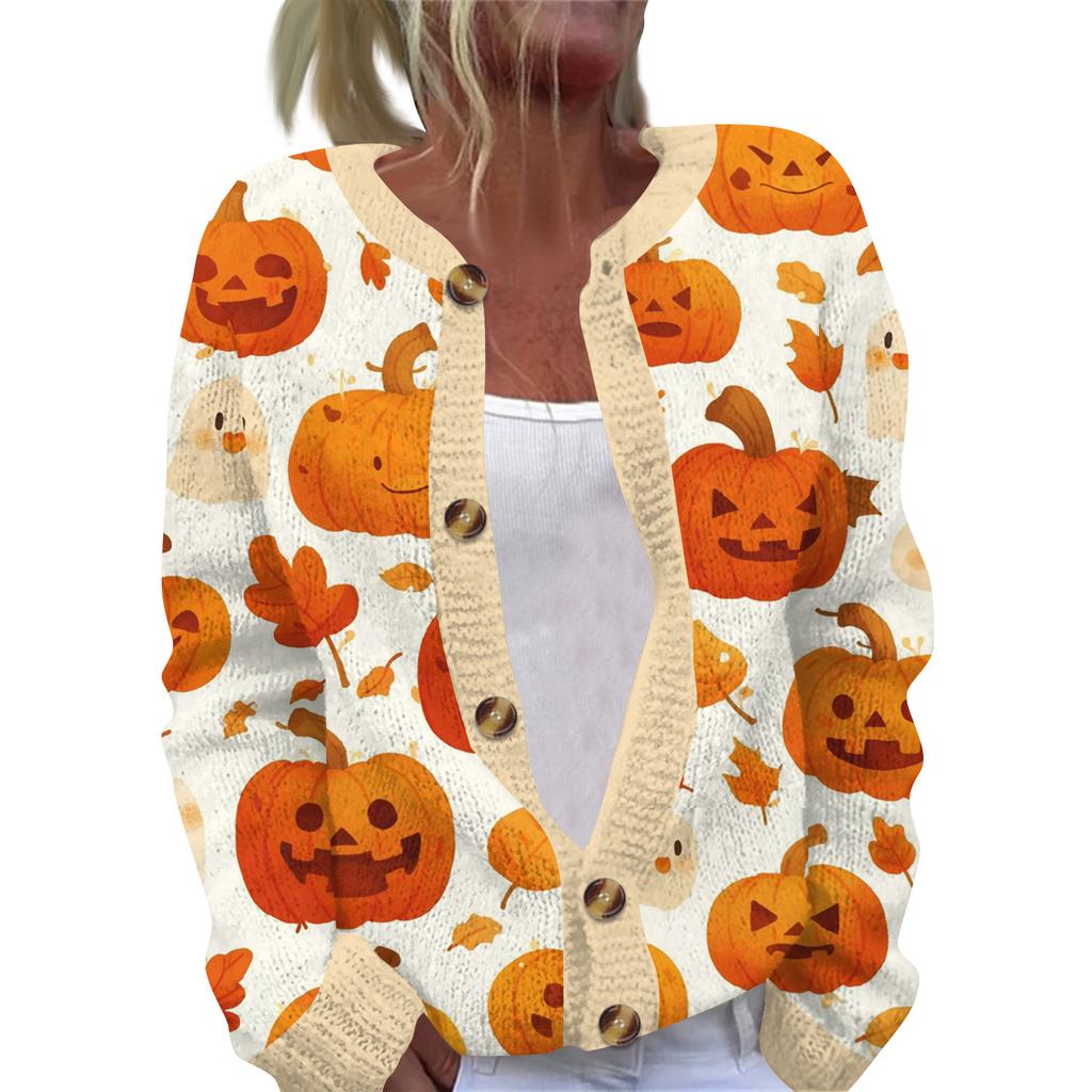 Women's Halloween Print Long Sleeve Knit Cardigan Button Front Sweater for Fall Outfits