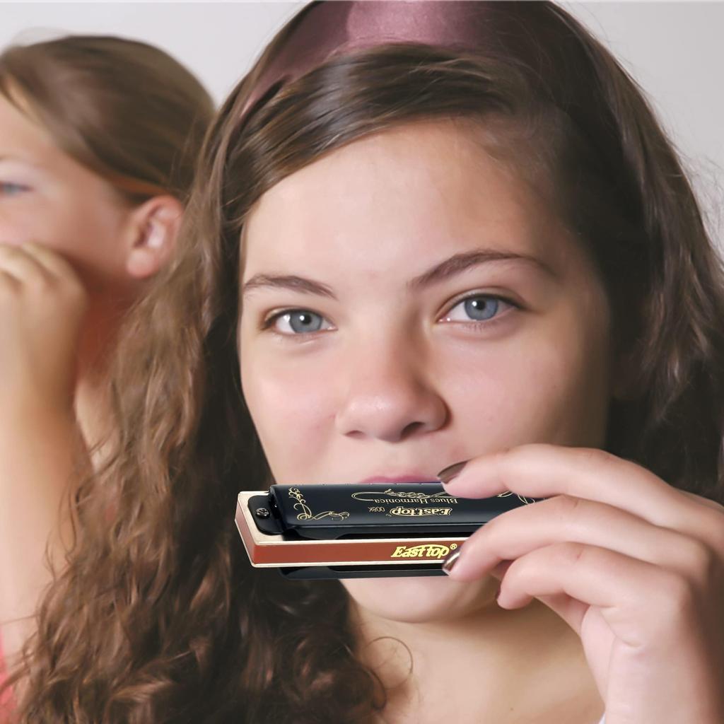 East Top Harmonica 7 Set Blues Harp 10 Holes 20 Tones Brass Cover Canvas Case Cleaning Cloth for Study and Practice Diatonic Harmonica Beginners,