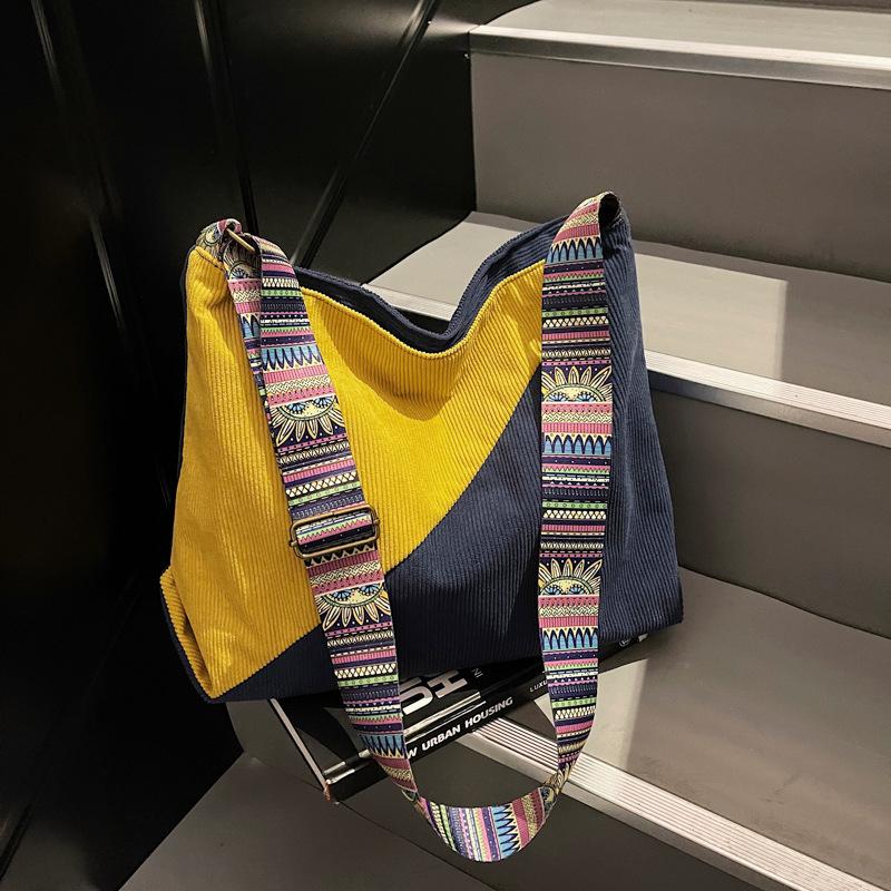 

Contrast color splicing messenger bag women s fashion ribbon corduroy striped Mori literary niche shoulder bag