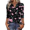 Women's Fashionable Casual Retro Floral V,Neck Decorative Button Three,Quarter Sleeve T,Shirt Top