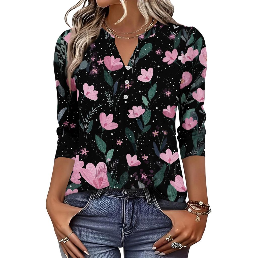 Women's Fashionable Casual Retro Floral V,Neck Decorative Button Three,Quarter Sleeve T,Shirt Top
