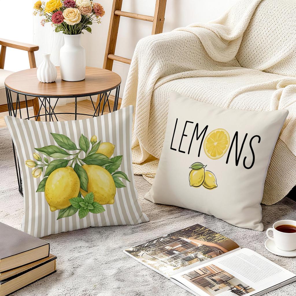 4 Pcs Fresh Striped Lemon Theme Single-Sided Printed Pillowcase Cushion Cover,Suitable For Living Room,Bedroom,Car Decoration