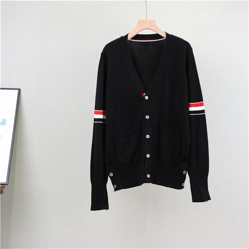 Women's Autumn And Winter Long Sleeved Knitted V Neck Cardigan Sweater Contrasting Striped Thin Jacket