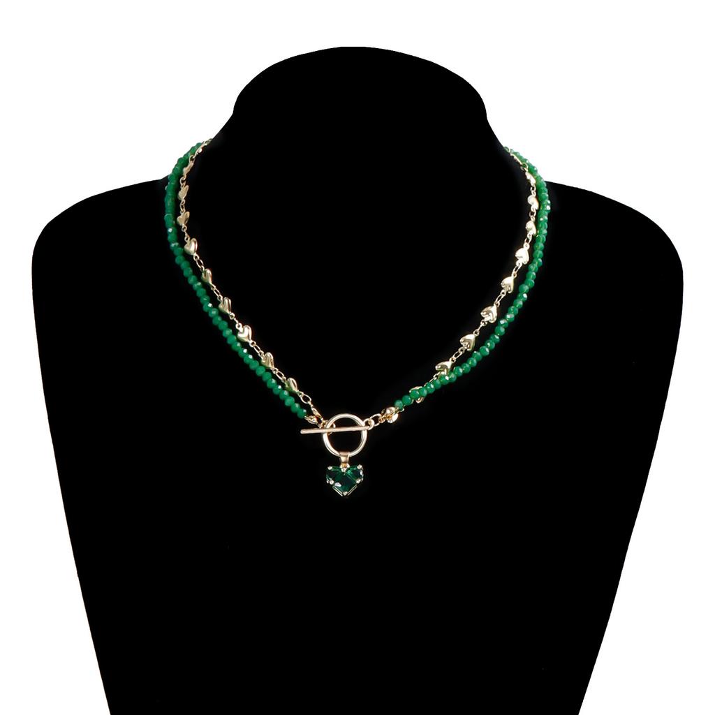 Double Layered Heart Crystal Beads Choker Necklace for Women Love Pendant OT Buckle Party Boho Jewelry Accessories