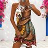 Women Plus Size Halter Criss Cross Cutout Sleeveless Horse Floral Printed Fitted Curved Hem Dress